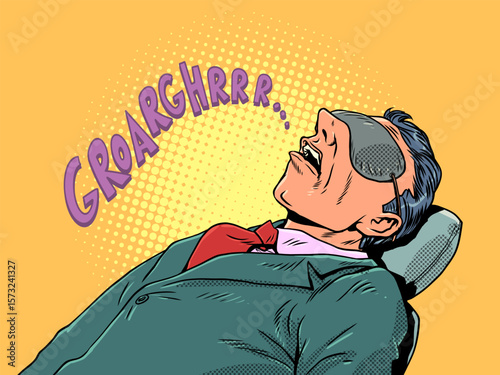 Pop Art Retro The man sleeps loudly and snores. Laziness at work. Inattention of business employees.