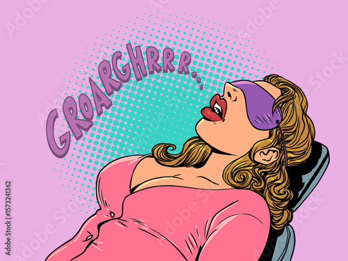 Pop Art Retro A woman sleeps loudly and snores. Laziness at work. Inattention of business employees.