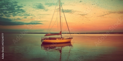 Vintage filter over a sailboat scene from the 1970s at sunset