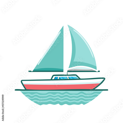 Sailboat gliding on ocean waves in cheerful cartoon vector style on a white background