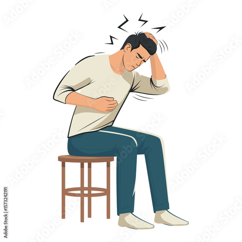 Man Experiencing Head and Stomach Pain While Sitting on a Wooden Table Illustration