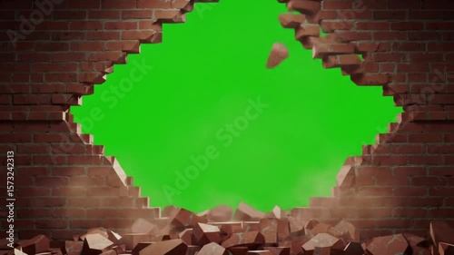 A brick wall has been broken open, revealing a green screen background. Debris from the wall scatters around the hole, suggesting a powerful impact.


