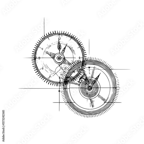 Illustration of intricate clockwork mechanism with gears and hands in black and white drawing style