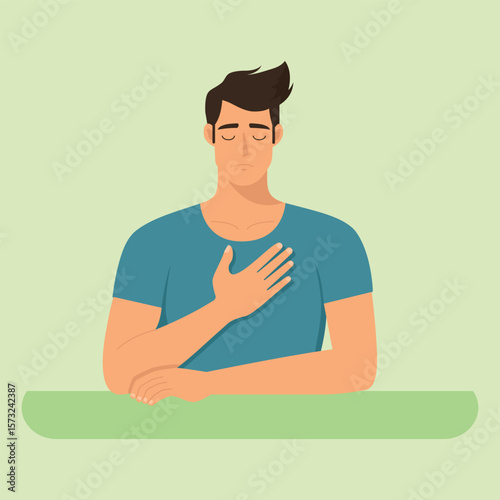 Man Holding Hand to Chest Expressing Sincerity and Gratitude in Minimal Style