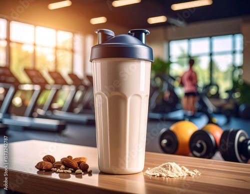 Vanilla protein shake in shaker bottle