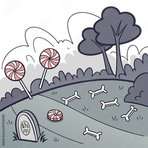 Cartoon graveyard scene with lollipops bones and a tombstone under a cloudy sky and trees in grayscale