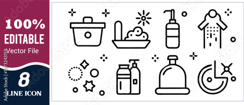 Cleaning supplies and laundry care icons soap detergent  line icon with vector set