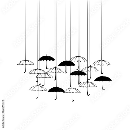 Black and white illustration of several umbrellas hanging from thin strings in the upper area of the image