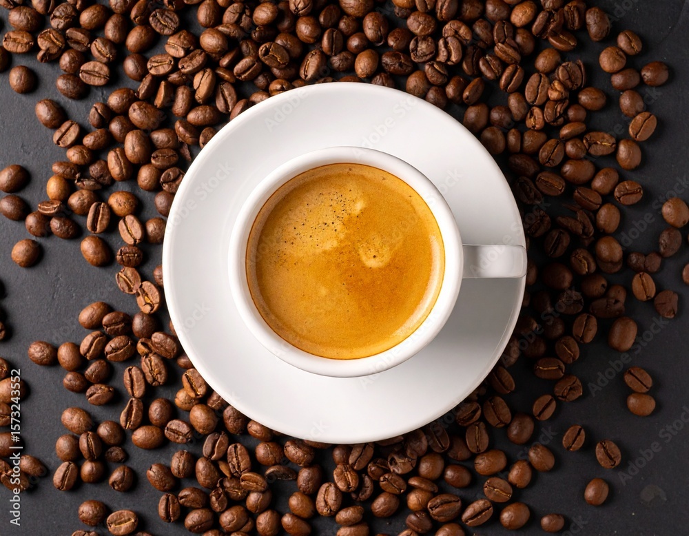 Fototapeta premium Top View of Italian Coffee Cup with Espresso on Wooden Table