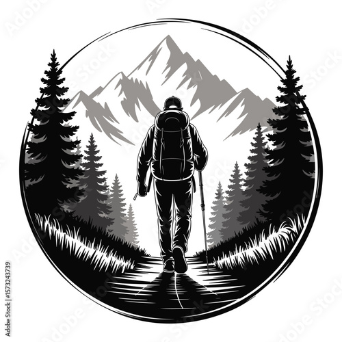 Hiker with backpack and trekking poles walks towards mountains silhouette