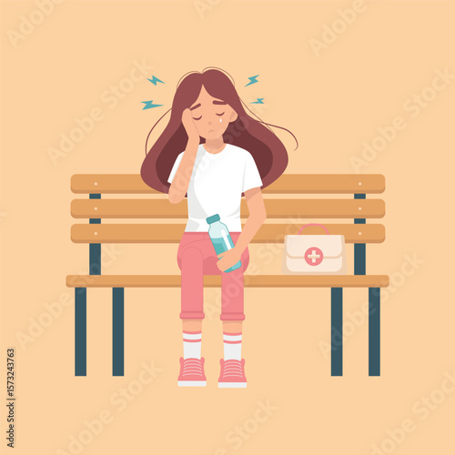 Young Woman Feeling Unwell While Sitting on Bench in Calm Setting