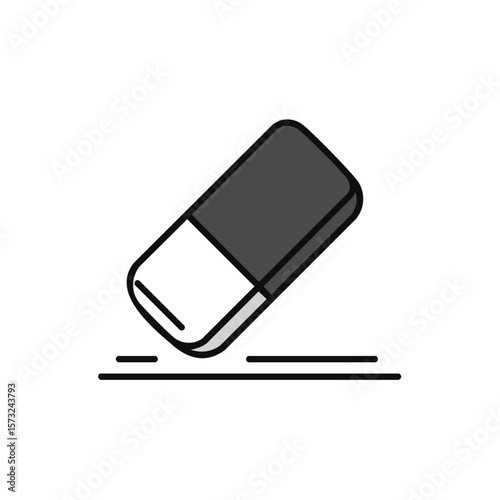 Two-tone eraser removing pencil marks from surface, flat design, object on white background