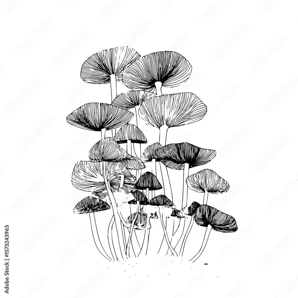 A detailed black and white drawing of a cluster of mushrooms with thin stems and striped caps art