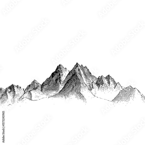 Detailed monochrome drawing of a mountain range with peaks and textured slopes in a landscape view