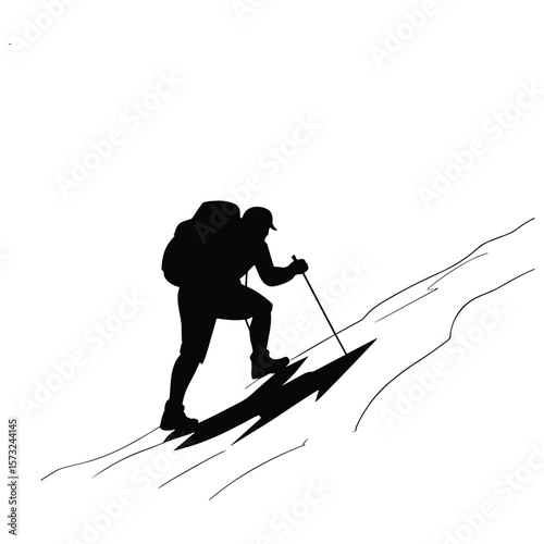 Lone hiker with backpack and poles ascends a steep incline silhouette