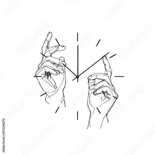 Clock face with hands sketch showing fingers pointing at the clock hands indicating time passing by