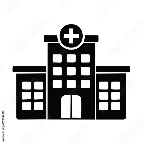 Black Hospital Building Icon with Cross Symbol, Simple Flat Design