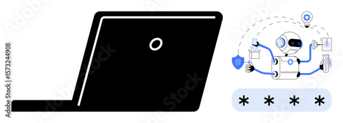 Laptop, AI robot managing cybersecurity tasks, lock icons, password input. Ideal for technology, data protection, online safety, automation, innovative solutions IT security simple flat metaphor