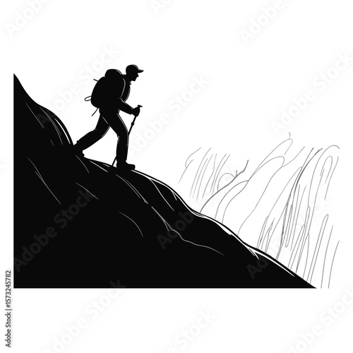 Man hiking up a steep mountain slope with trekking poles silhouette