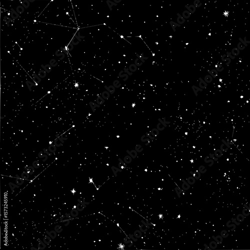 Illustration of a vast night sky filled with numerous stars and connected constellations on a black background