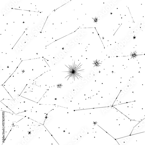 Illustration of constellations and stars connected by lines on a white background creating a night sky view