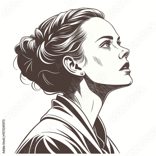 A beautiful woman's face with long, flowing hair is illustrated in a black vector sketch, embodying glamour and artistic style