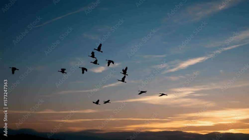 Birds flying across the sunset sky with colorful clouds Birds flying across the sunset sky with colorful clouds