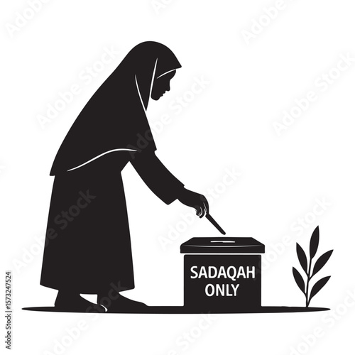 Muslim woman in hijab donating to sadaqah box near a doorway