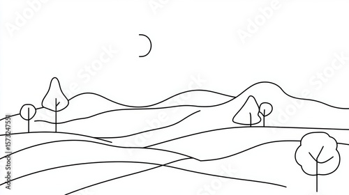 Minimalist line drawing capturing serene countryside landscape, featuring gently rolling hills, simplified trees, and crescent moon against quiet skyline