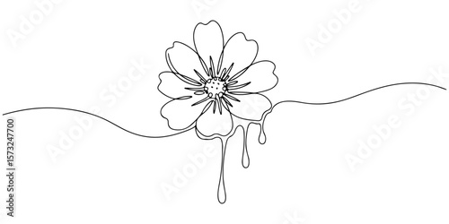 A continuous single line drawing of nectar dripping from a flower, symbolizing sweetness and nature, line art style vector illustration.