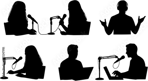 vector silhouette of a blogger hosting a podcast on a white background 