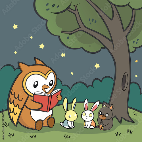 Owl Teacher Reads Bedtime Story to Cute Animals Under the Night Sky