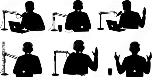 vector silhouette of a blogger hosting a podcast on a white background . Generative AI
