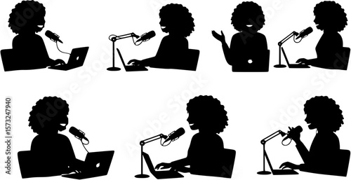 vector silhouette of a blogger hosting a podcast on a white background . Generative AI
