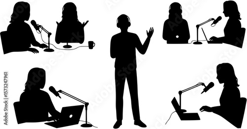 vector silhouette of a blogger hosting a podcast on a white background . Generative AI
