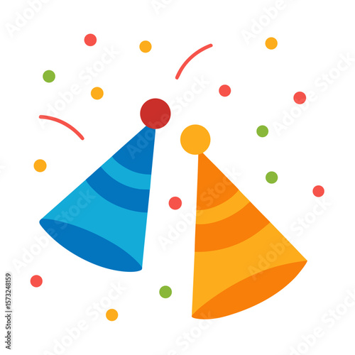  party hats and confetti on white background 