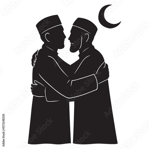 Two muslim men in traditional clothing embracing under a crescent moon
