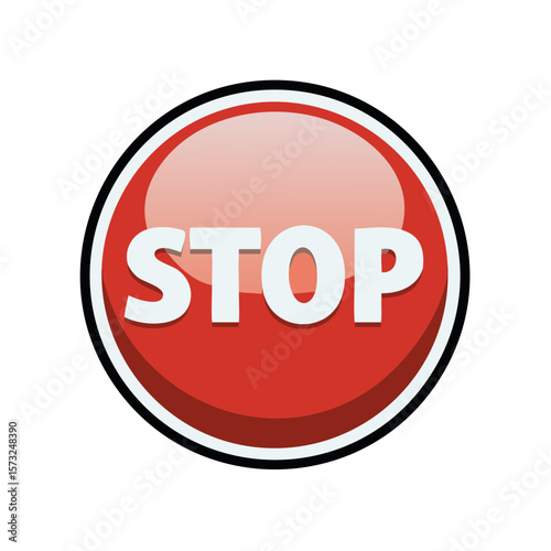 Bright Red Stop Sign Icon with White Letters and a Round Glossy Finish Illustrating Halt and Warning Messages
