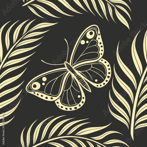 A sophisticated seamless pattern with gold foil butterflies and palm leaves on a black background—perfect for luxury branding, packaging, and elegant home decor.