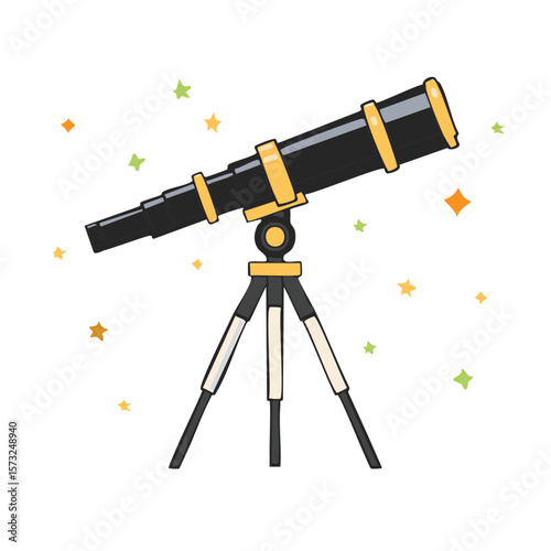 Cartoon Telescope with Stars for Astronomy Observation Isolated on White Background