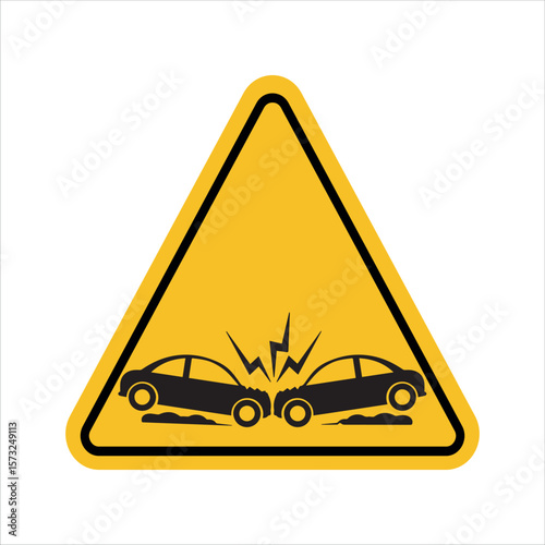 Yellow triangular warning sign indicating a vehicle collision crash with impact symbol for road traffic safety