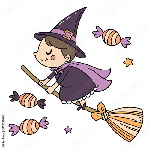 Cute cartoon witch flying on a broomstick surrounded by colorful candies and stars celebrating halloween with a joyful and whimsical expression perfect for festive decorations and children s designs
