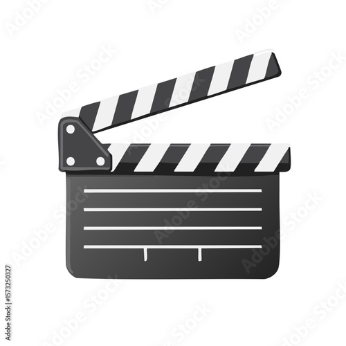 Classic open clapperboard with crisp black and white stripes, against a clean white background