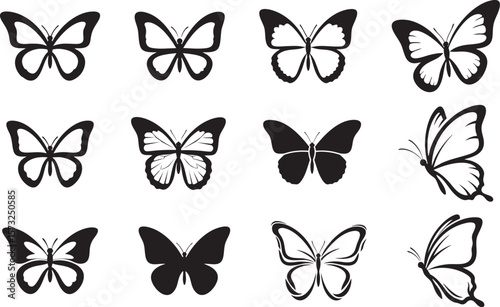 Butterfly Vector Icon Set |, Black & White Silhouette and Line Art Collection for Graphic Design