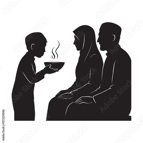 Young muslim boy offers a steaming bowl of food to his parents