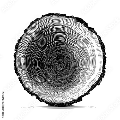 A detailed monochrome illustration of a tree trunk cross section with visible growth rings and bark texture