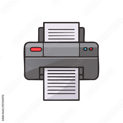 Cartoon Illustration of Gray Printer Printing Documents, Office Equipment on White