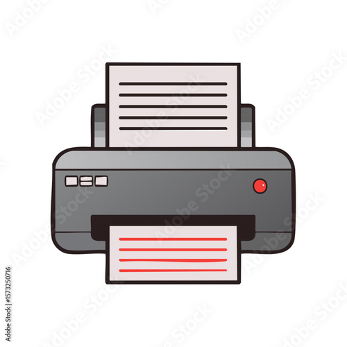 Modern office printer machine illustration with printed paper coming out and blank document in top
