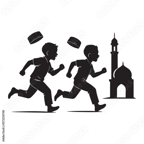 Two muslim boys in silhouette running past a mosque with kufi hats flying