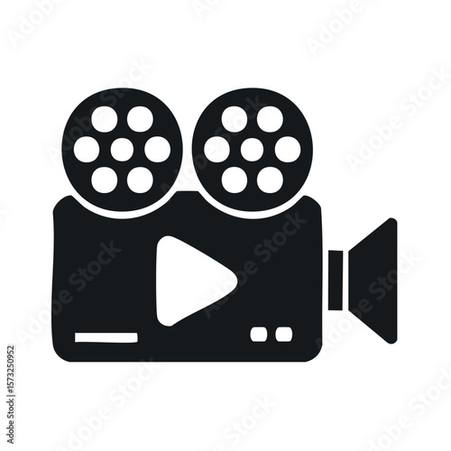 Vintage film camera illustration in black and white featuring classic design and movie making equipment